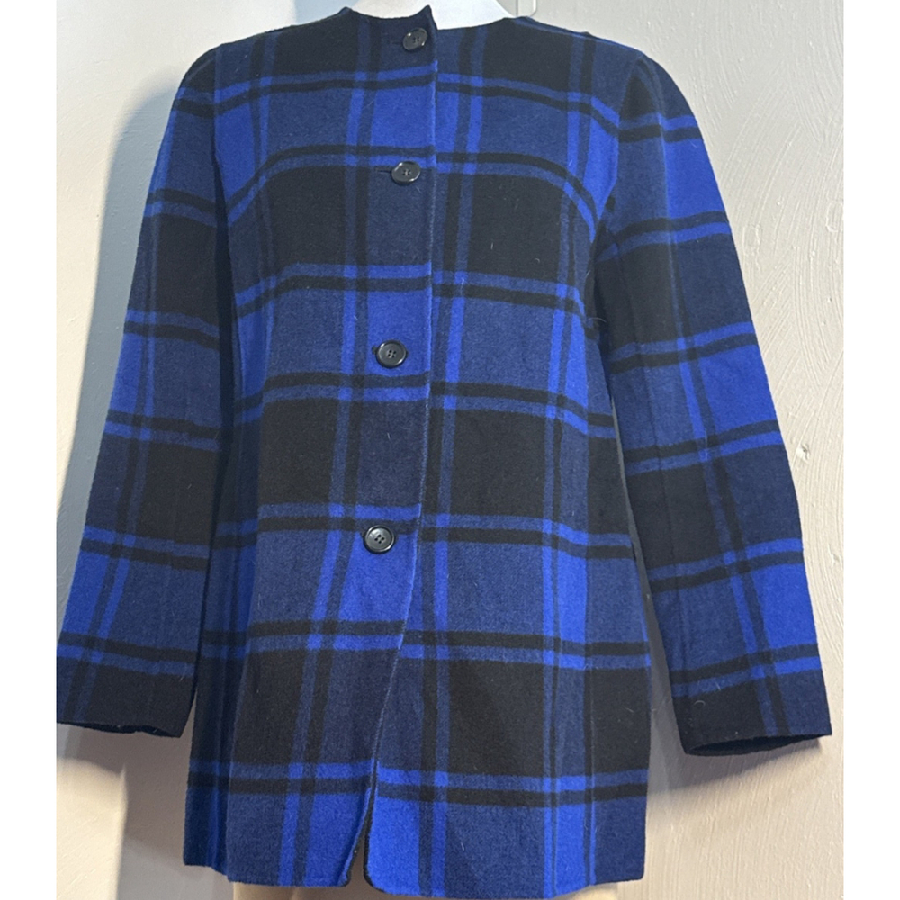 Talbots reversible wool blend coat blue and black buffalo plaid pattern Small
